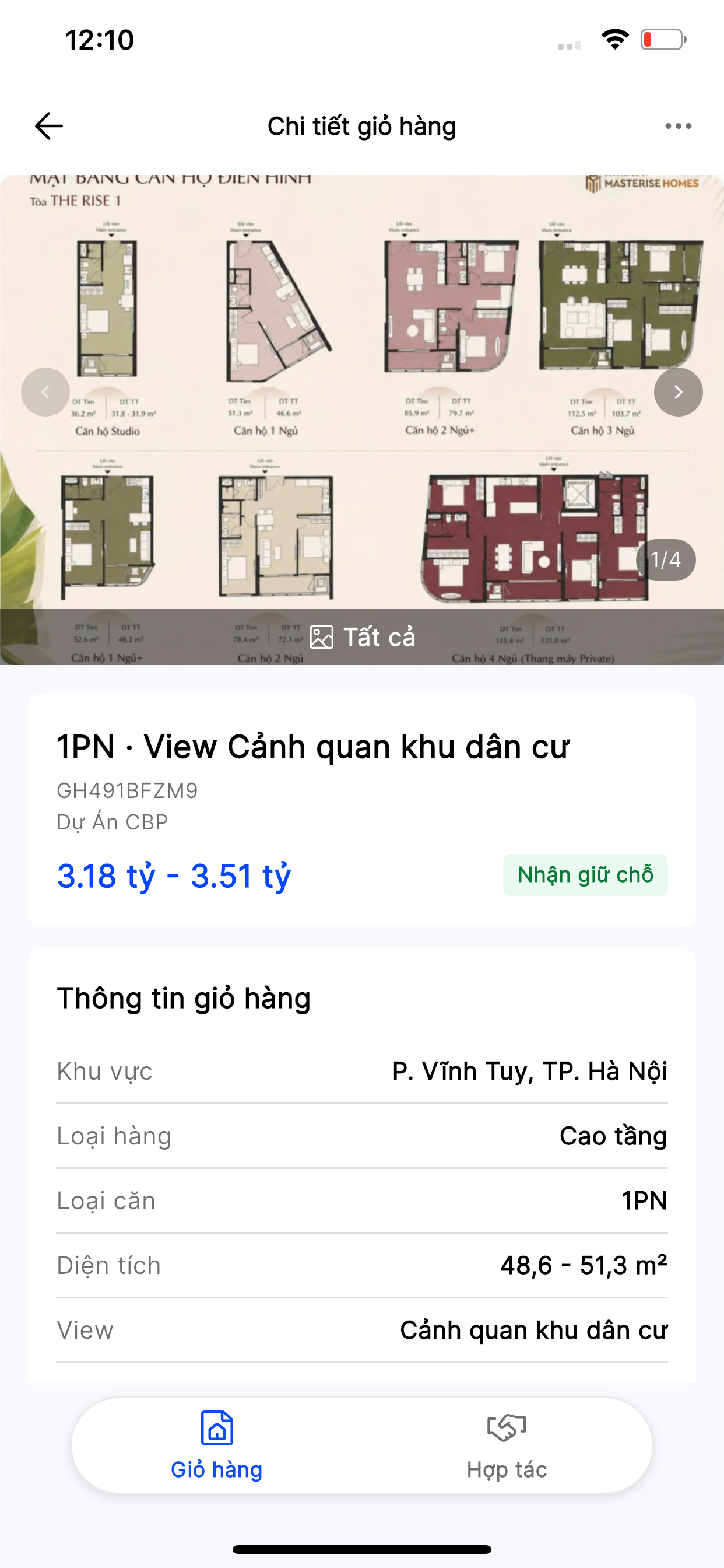Chi tiết giỏ hàng cao tầng: mã GH491BFZM9, khoảng giá 3.18 - 3.51 tỷ, Loại căn 1PN