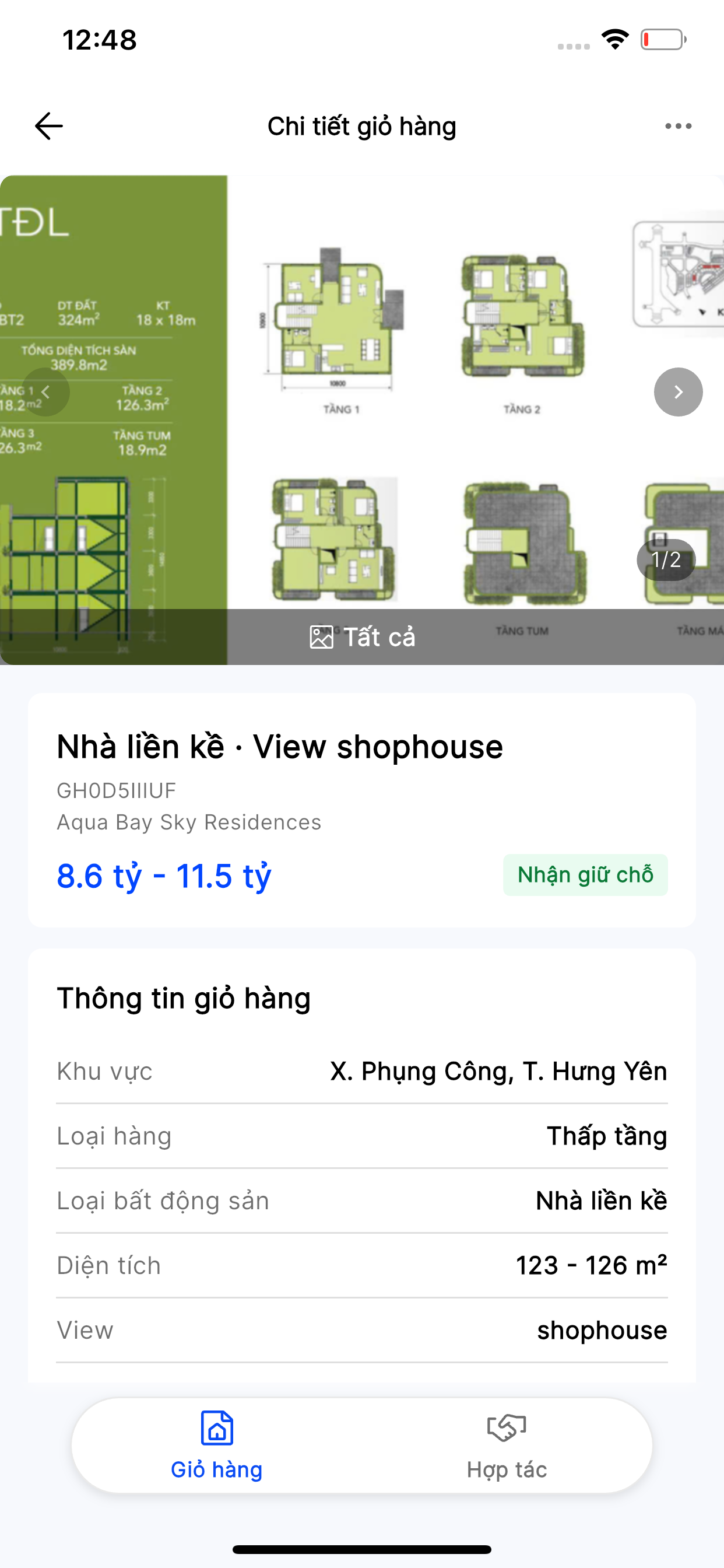 Chi tiết giỏ hàng thấp tầng: Nhà liền kề, mã GH0D5IIIUF, khoảng giá 8.6 - 11.5 tỷ, Loại bất động sản Nhà liền kề