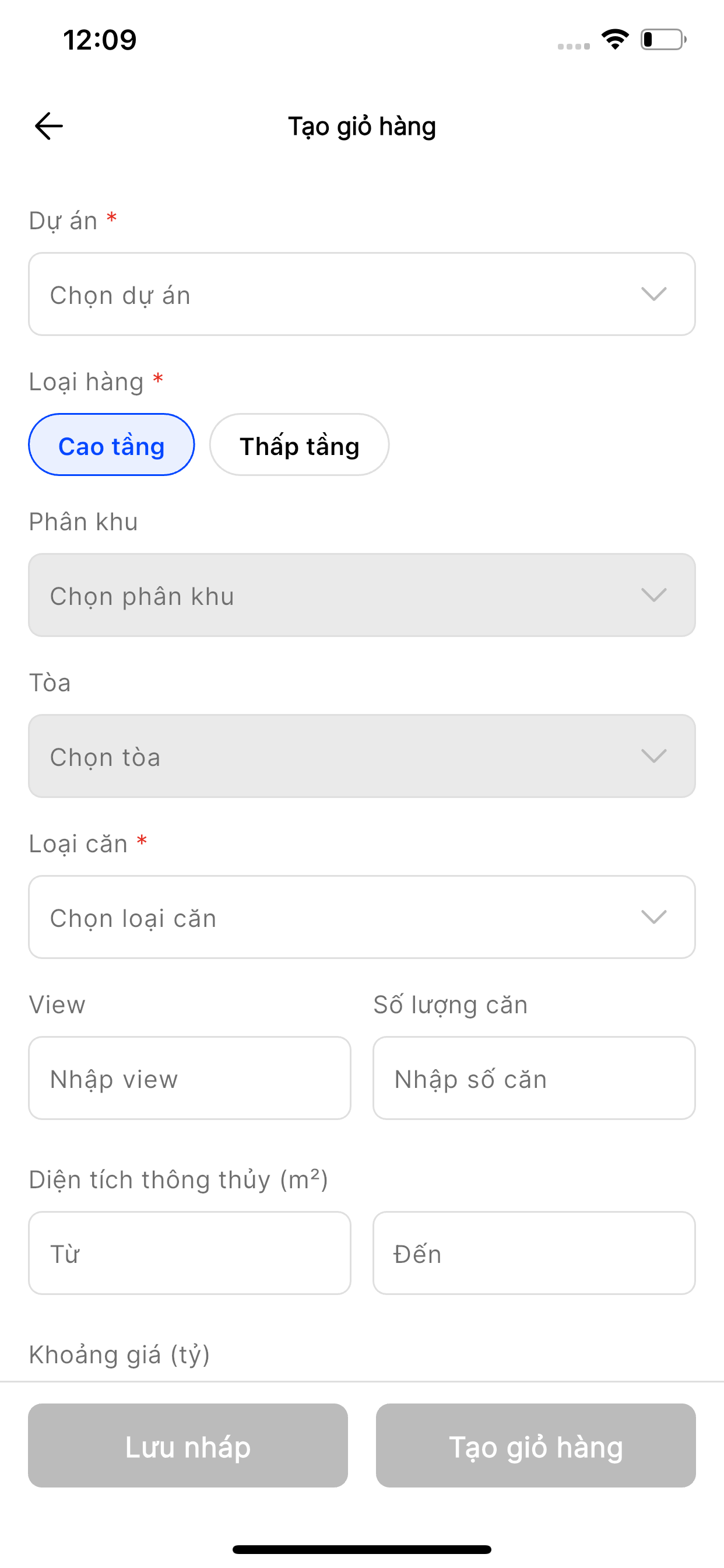 Form tạo giỏ hàng chọn loại hàng Cao tầng: Phân khu, Tòa, Loại căn, Diện tích thông thuỷ