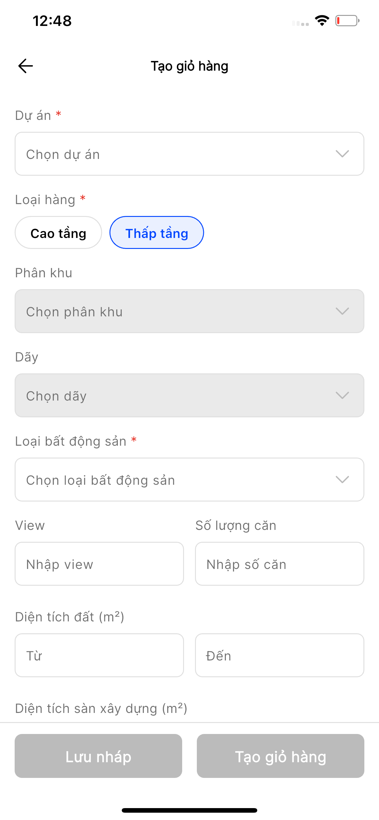 Form tạo giỏ hàng chọn loại hàng Thấp tầng: Phân khu, Dãy, Loại bất động sản, Diện tích đất