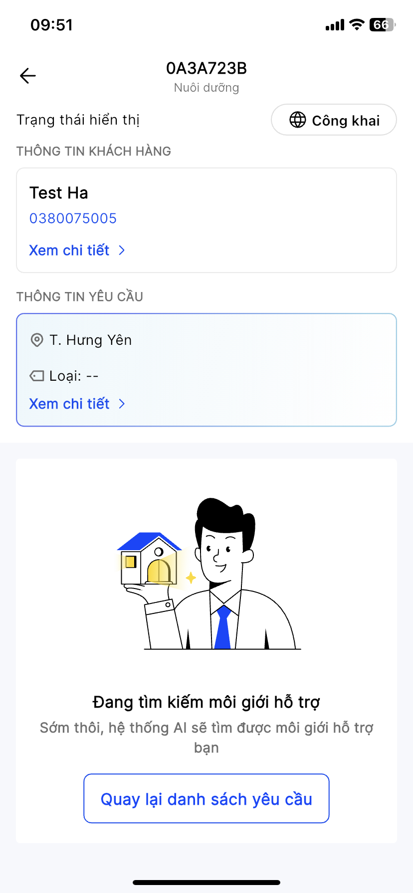 Trạng thái Đang tìm kiếm môi giới hỗ trợ, hệ thống AI sẽ tìm được môi giới hỗ trợ