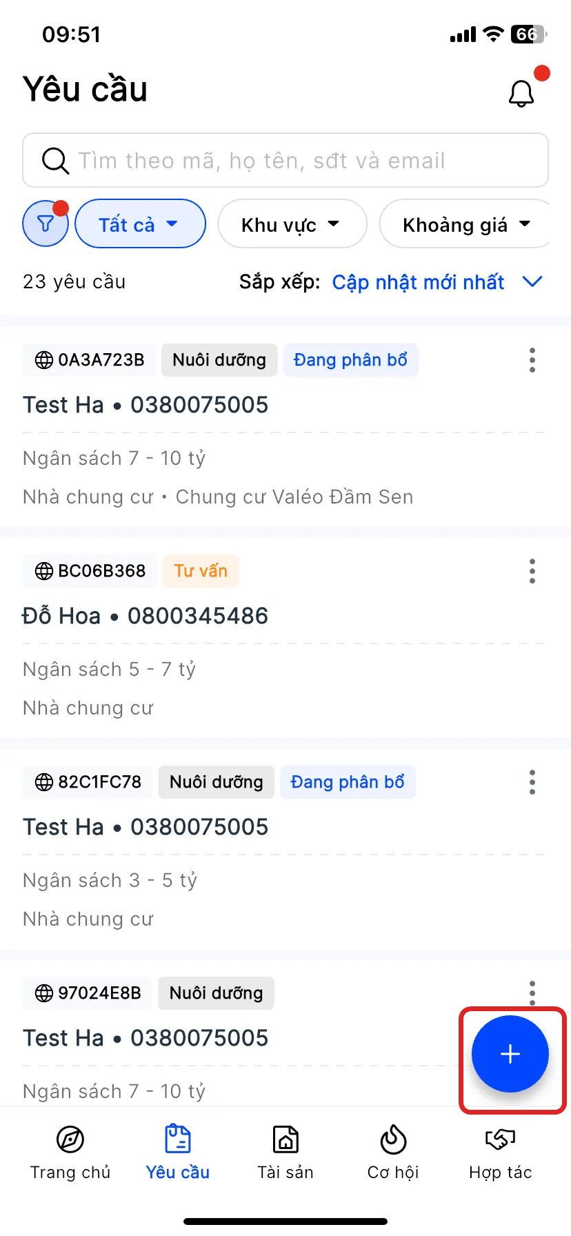 Màn danh sách Yêu cầu, highlight nút (+) ở góc dưới phải để tạo yêu cầu mới