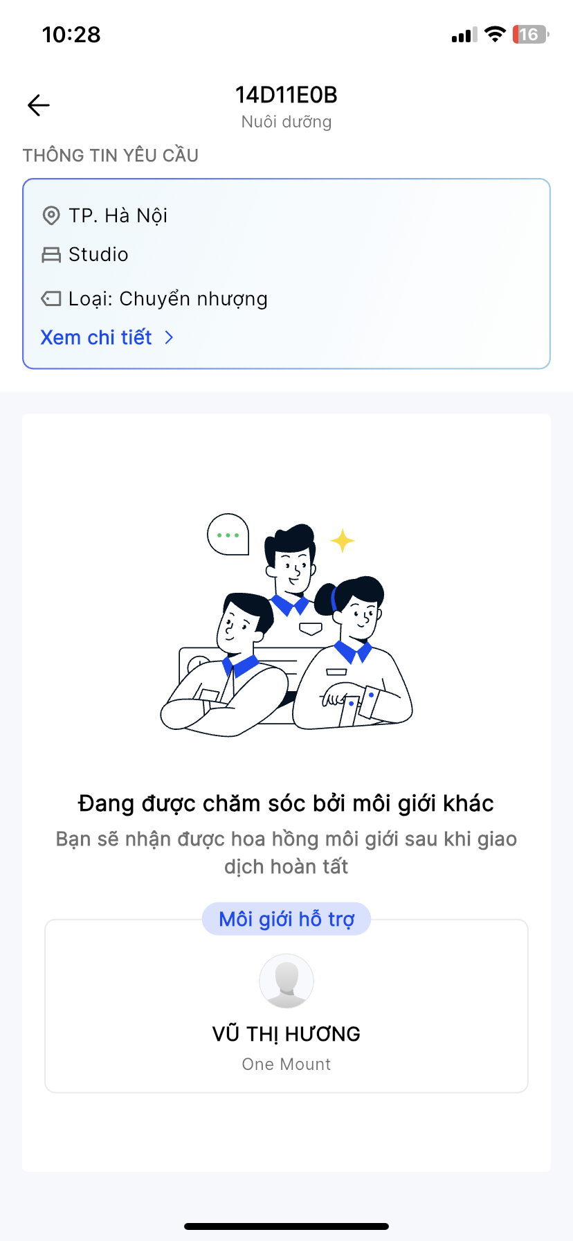 Trạng thái Đối tác đang chăm sóc, đang được chăm sóc bởi môi giới khác, nhận hoa hồng sau khi giao dịch hoàn tất