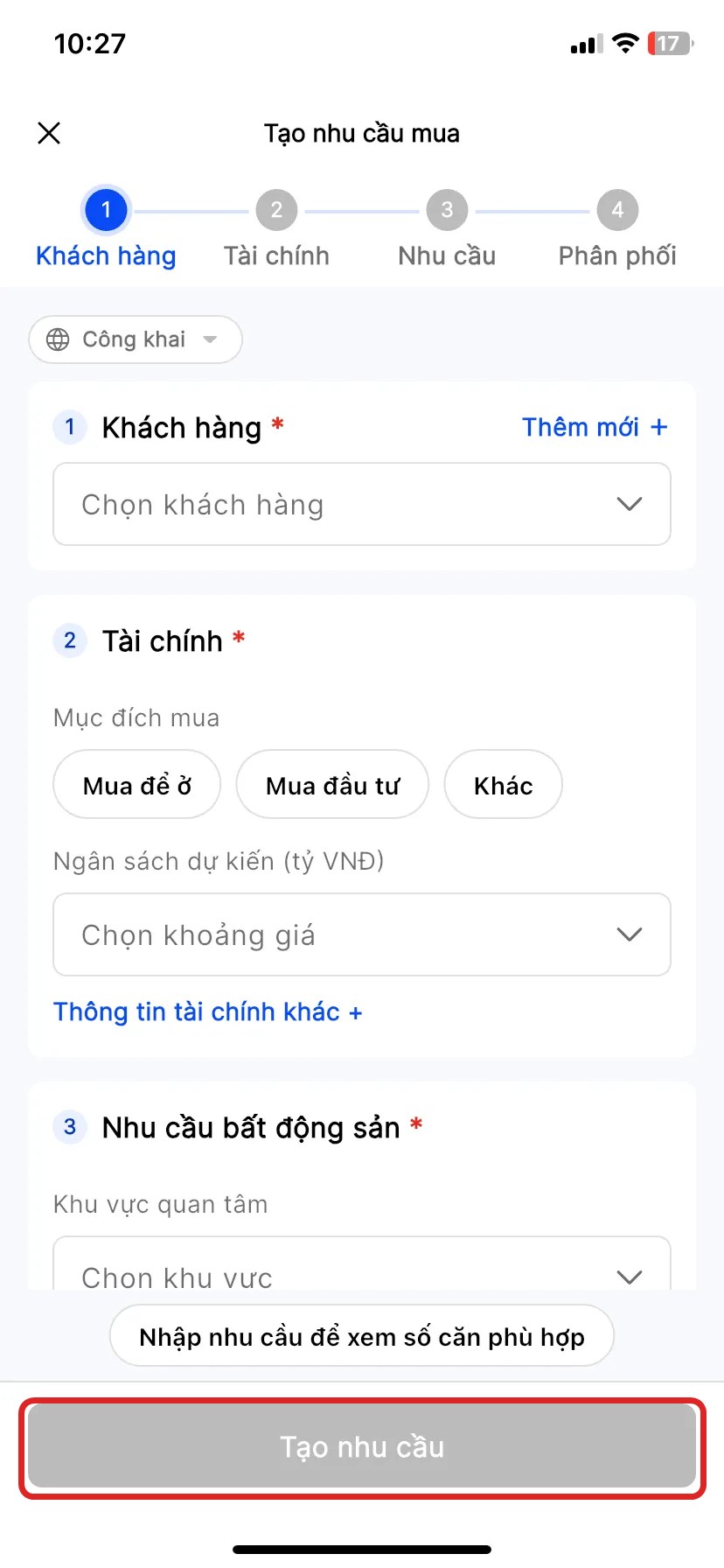 Màn Tạo nhu cầu mua, wizard 4 bước, highlight nút Tạo nhu cầu