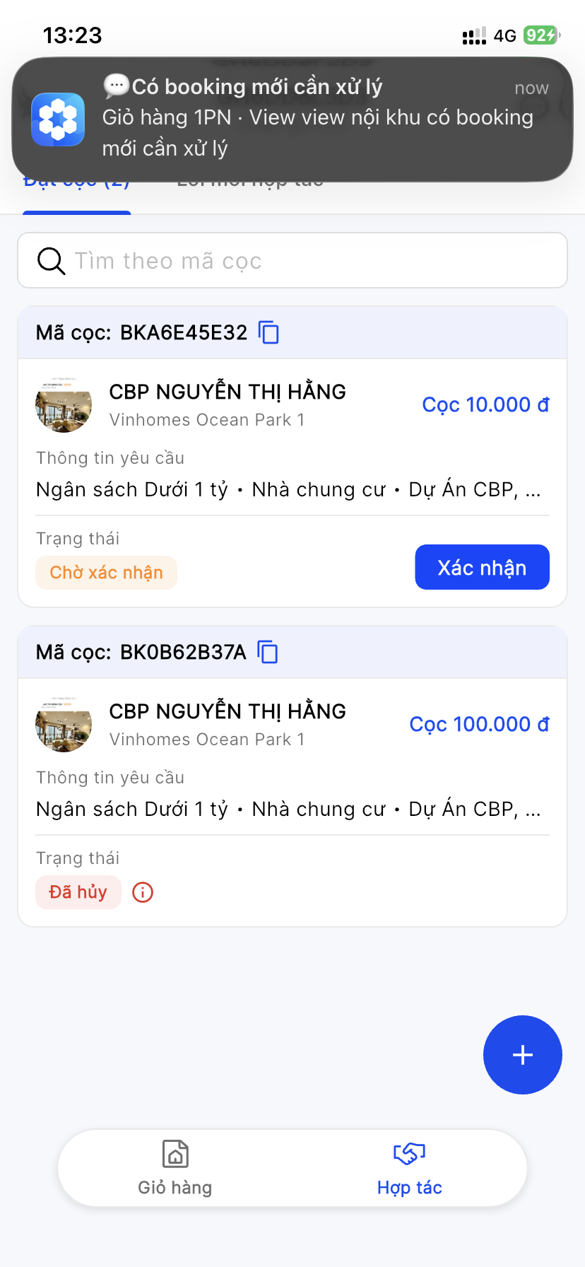 Danh sách cọc phía Agent bán: thông báo có booking mới cần xử lý, cọc trạng thái Chờ xác nhận kèm nút Xác nhận