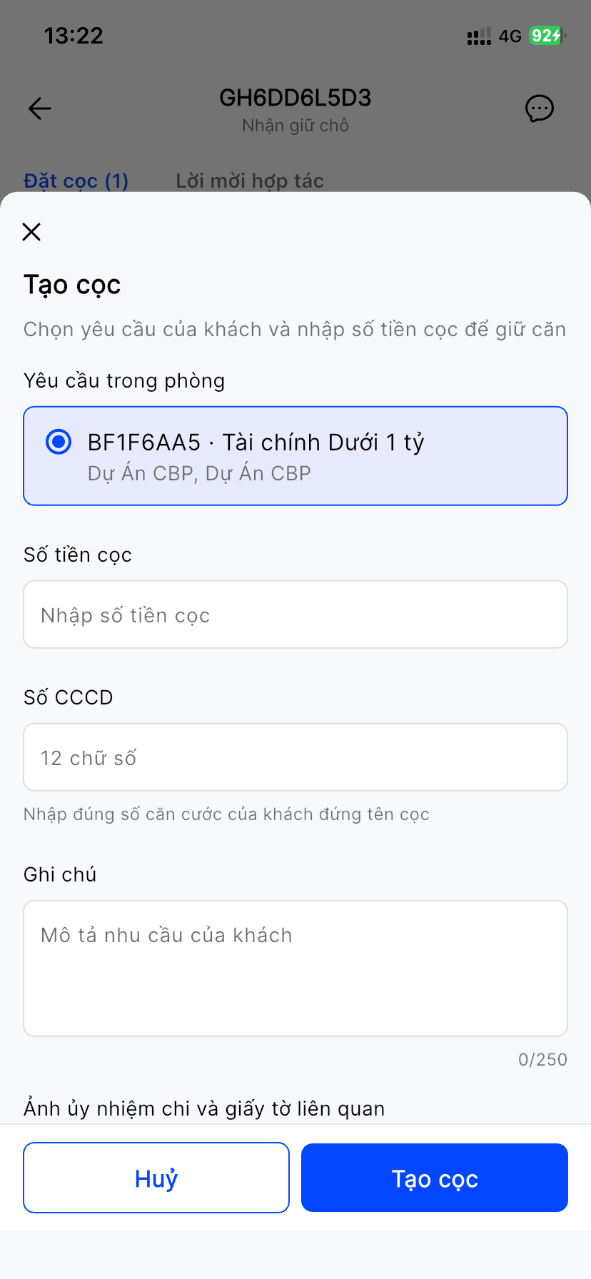 Form Tạo cọc: chọn Yêu cầu trong phòng, nhập Số tiền cọc, Số CCCD 12 chữ số, Ghi chú