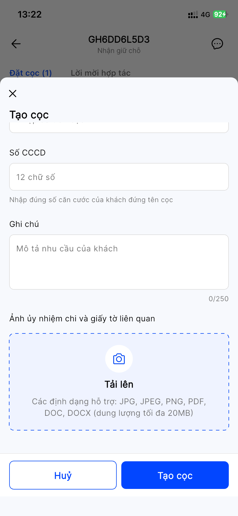 Form Tạo cọc cuộn xuống: khu vực tải lên Ảnh ủy nhiệm chi và giấy tờ liên quan, nút Tạo cọc