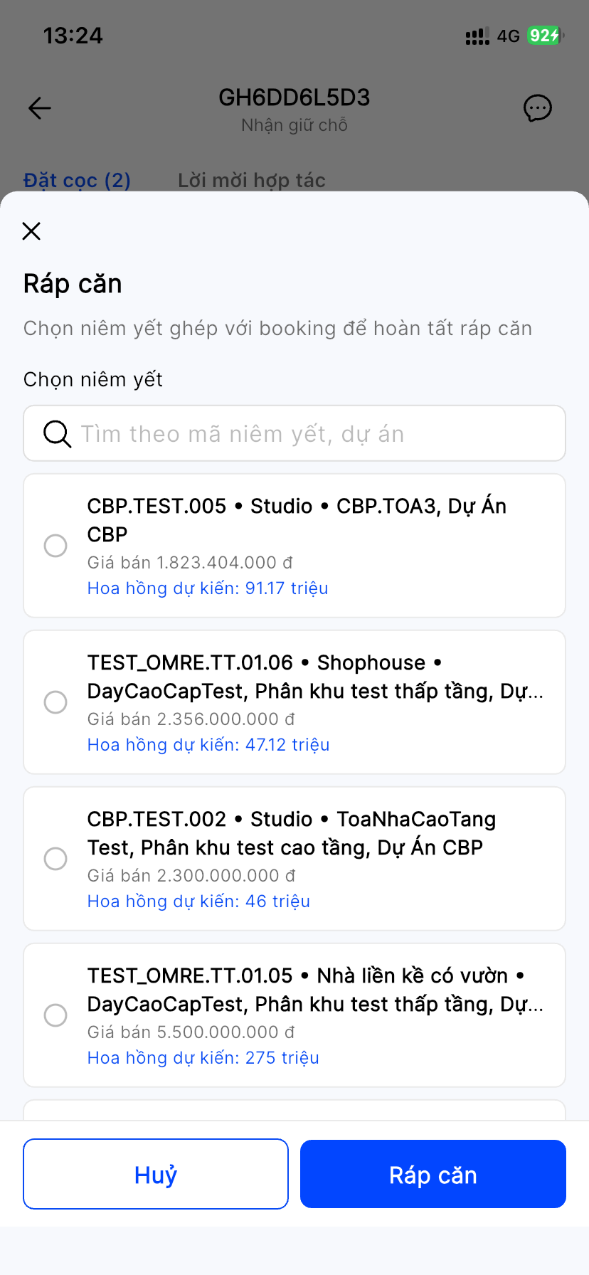 Hộp thoại Ráp căn: chọn niêm yết ghép với booking, mỗi niêm yết hiện giá bán và Hoa hồng dự kiến