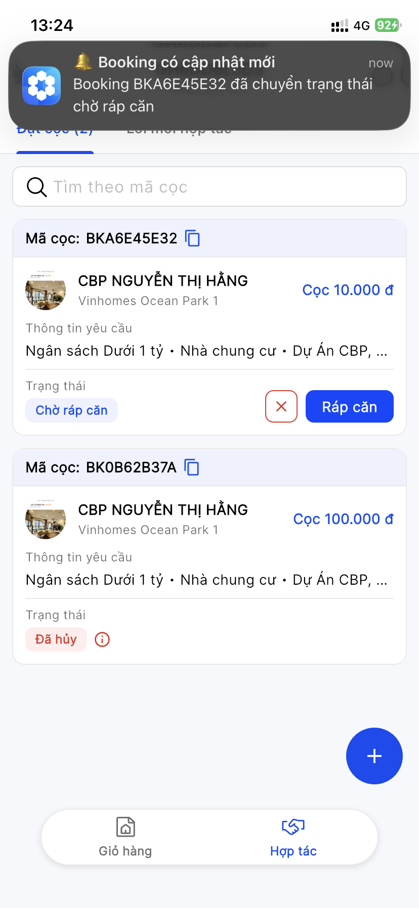 Cọc trạng thái Chờ ráp căn kèm nút Ráp căn, thông báo booking đã chuyển trạng thái chờ ráp căn