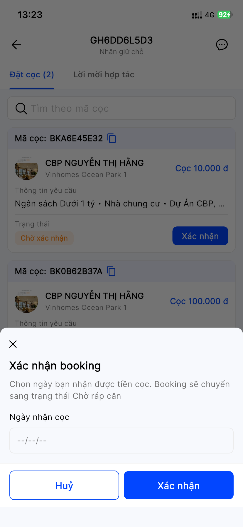 Hộp thoại Xác nhận booking: chọn Ngày nhận cọc, ghi chú booking sẽ chuyển sang trạng thái Chờ ráp căn