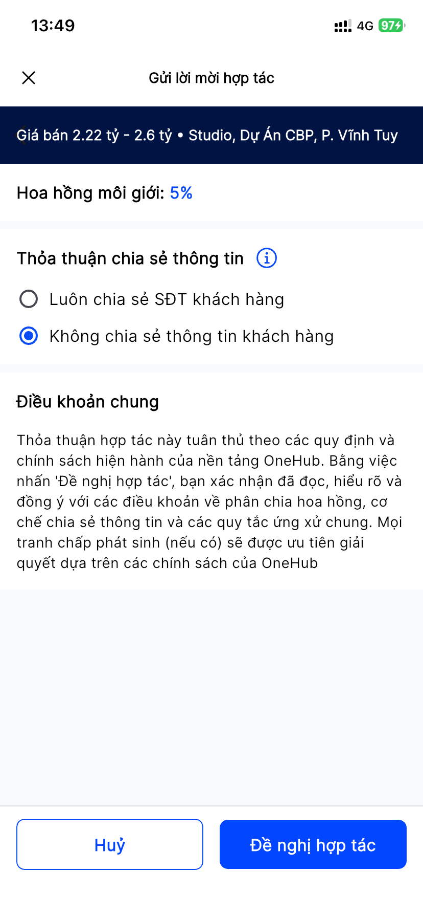 Màn Gửi lời mời hợp tác: Hoa hồng môi giới 5%, Thỏa thuận chia sẻ thông tin, Điều khoản chung, nút Huỷ và Đề nghị hợp tác