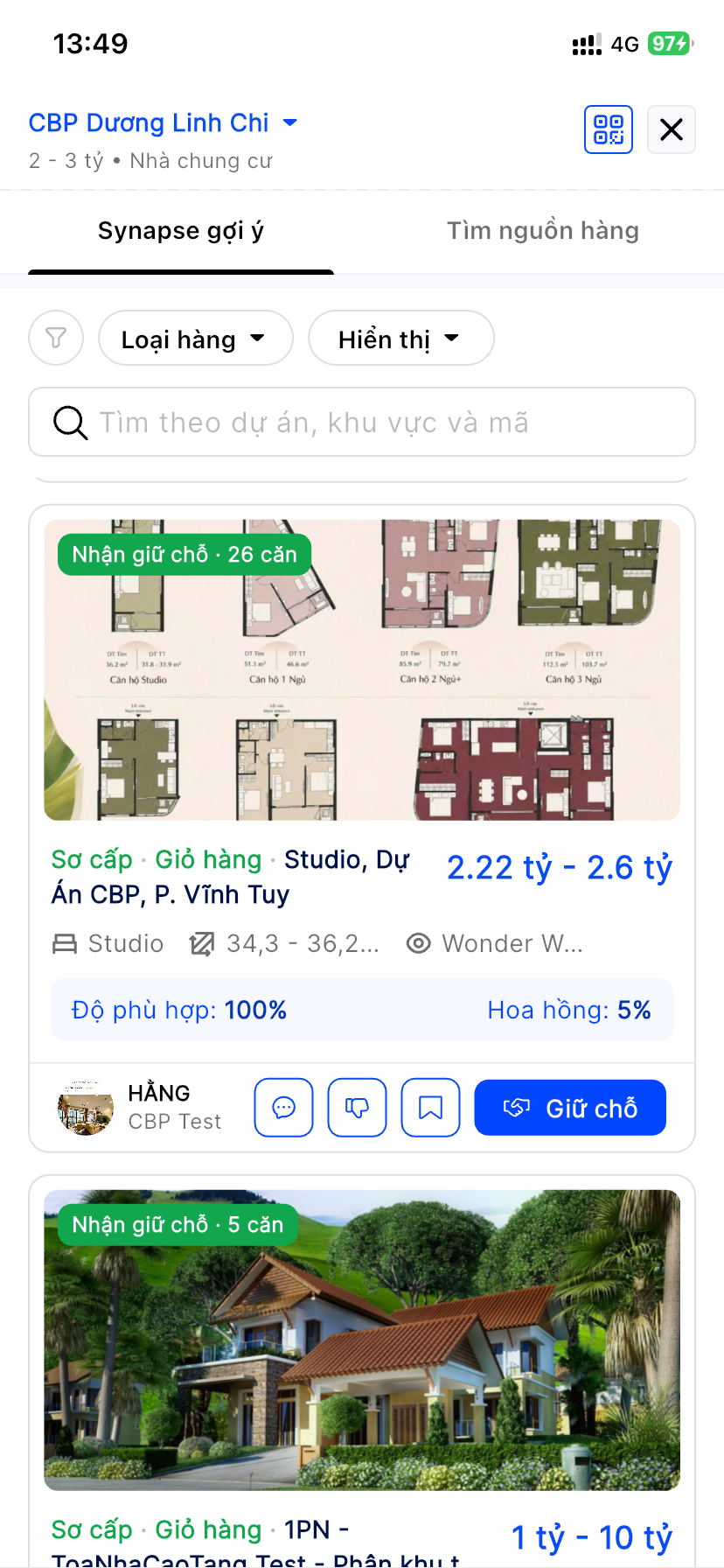 Tab Synapse gợi ý: thẻ Giỏ hàng Nhận giữ chỗ 26 căn, Sơ cấp · Giỏ hàng Studio Dự án CBP, Độ phù hợp 100%, Hoa hồng 5%, nút Trao đổi và Giữ chỗ