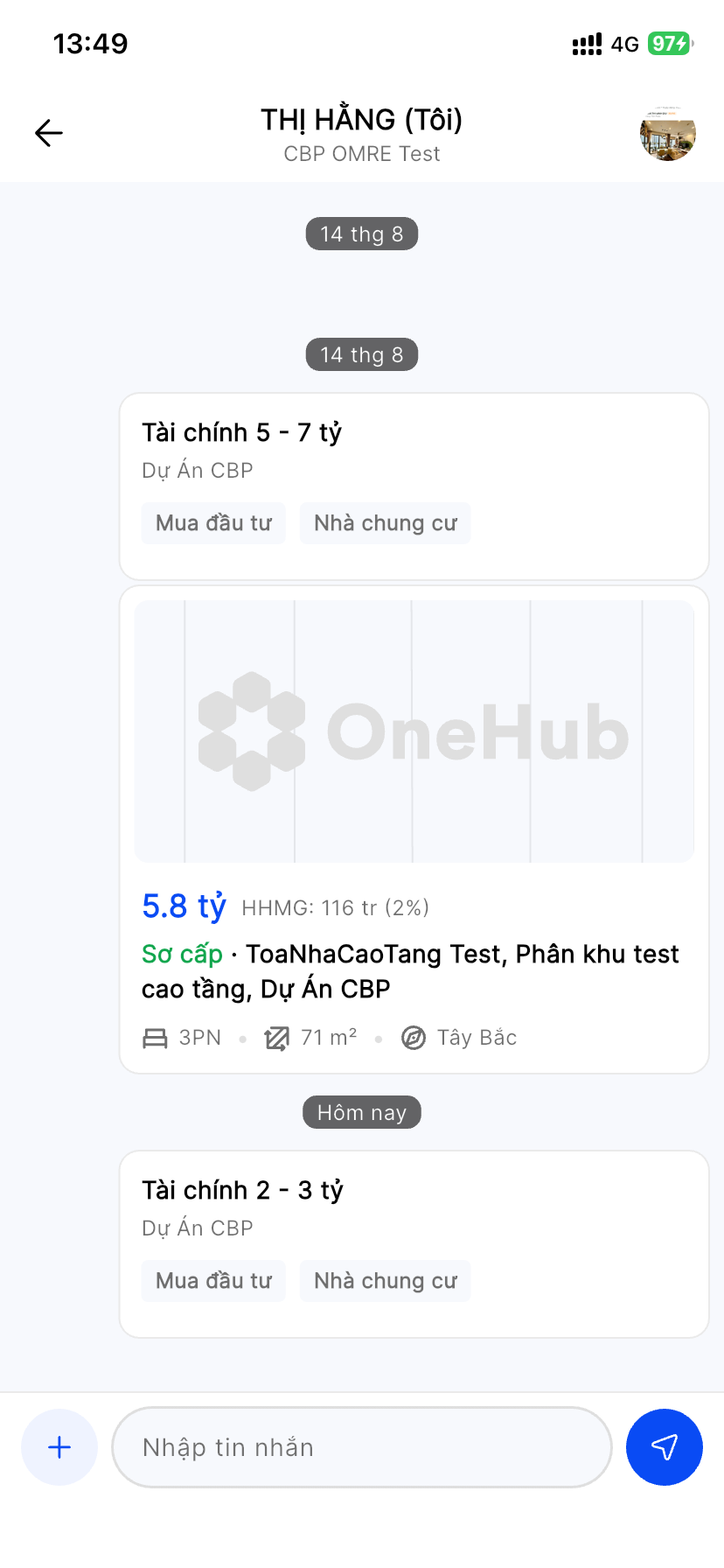 Màn hình Trao đổi (chat) với Agent phụ trách Giỏ hàng: các thẻ Yêu cầu mua và căn được chia sẻ trong hội thoại, ô Nhập tin nhắn ở dưới