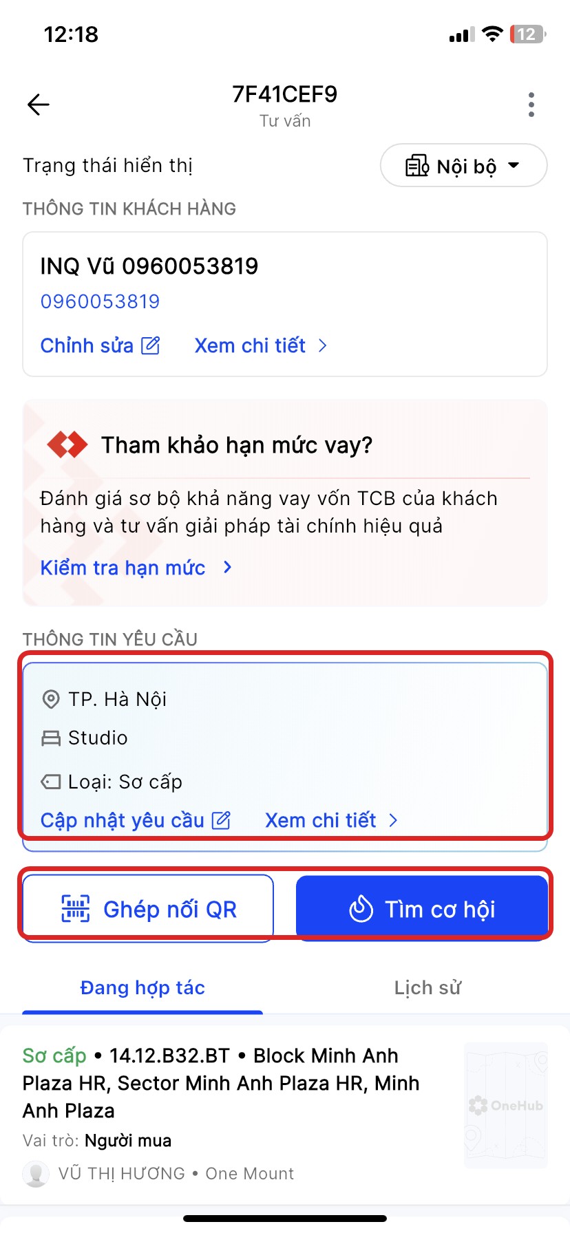 Chi tiết yêu cầu trạng thái Tư vấn, highlight khối Thông tin yêu cầu và 2 nút Ghép nối QR / Tìm cơ hội