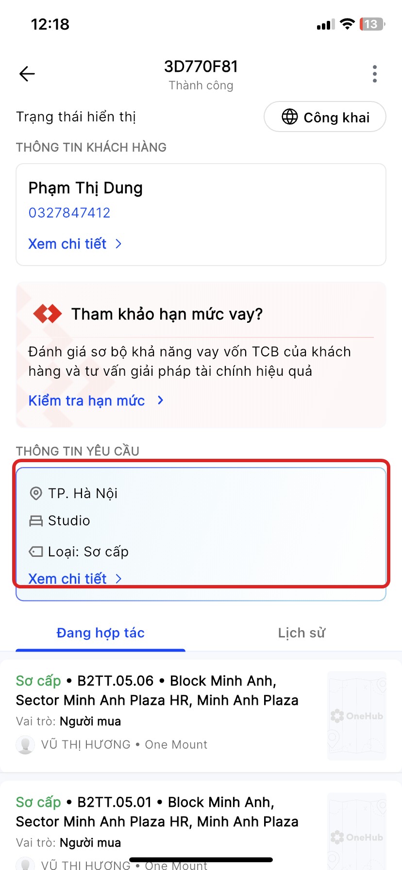 Chi tiết yêu cầu trạng thái Thành công, highlight khối Thông tin yêu cầu chỉ còn Xem chi tiết