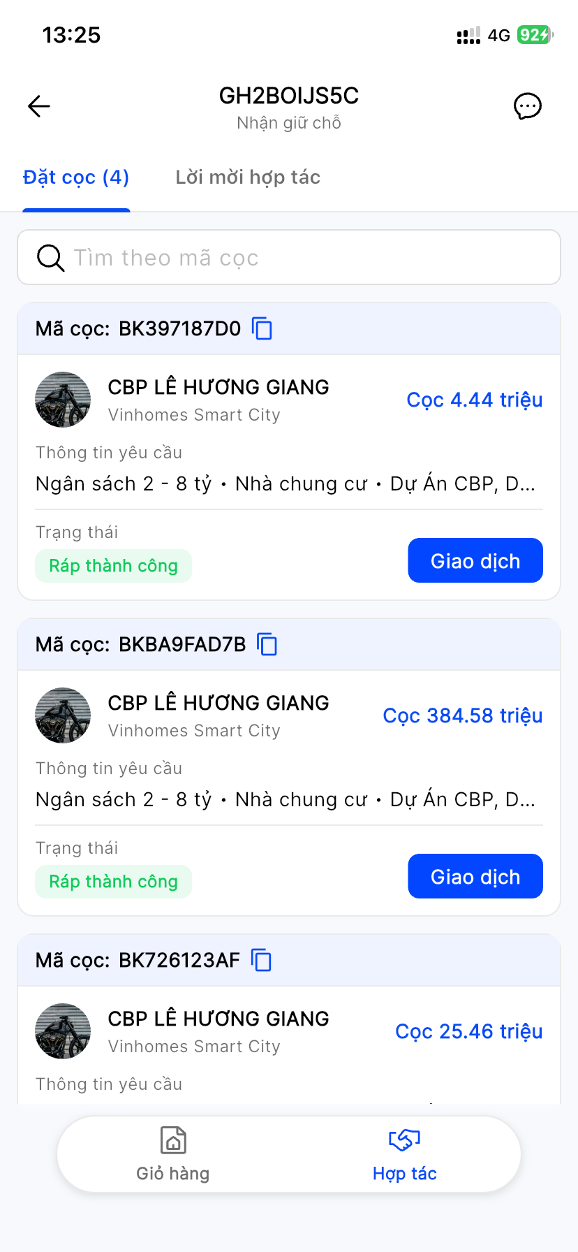 Danh sách cọc: các cọc trạng thái Ráp thành công kèm nút Giao dịch