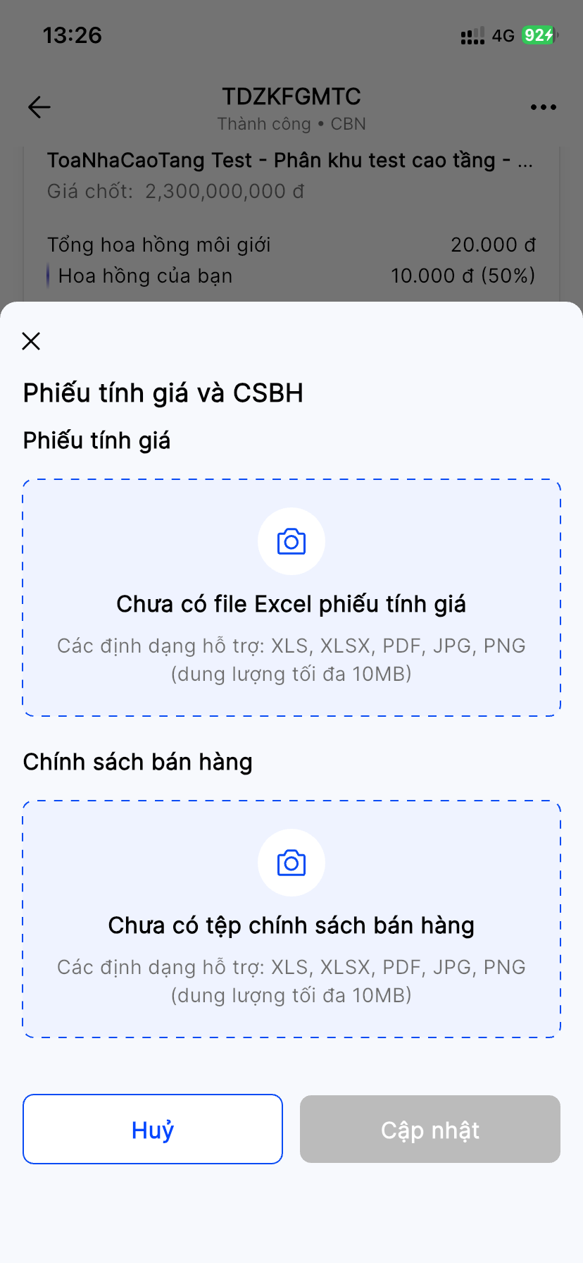 Màn Phiếu tính giá và CSBH: hai khu vực tải lên Phiếu tính giá và Chính sách bán hàng, nút Huỷ và Cập nhật