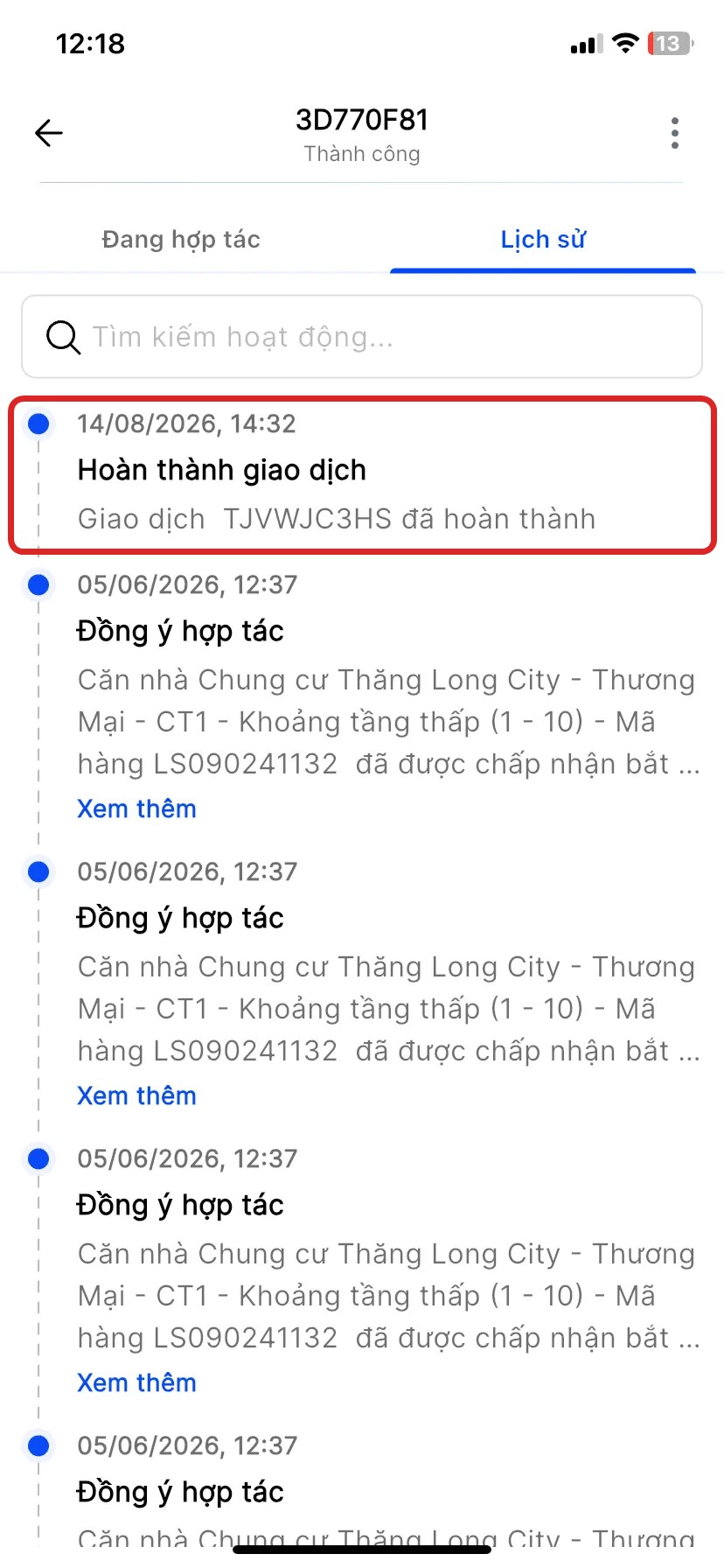 Tab Lịch sử, highlight mốc Hoàn thành giao dịch