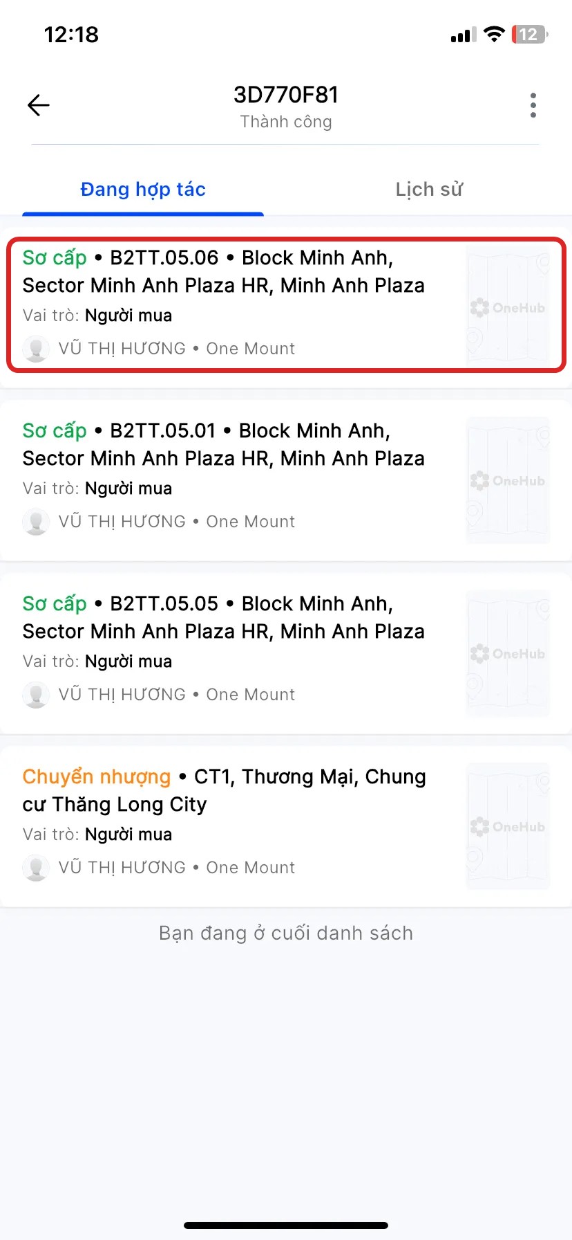 Tab Đang hợp tác, highlight thẻ căn đầu tiên