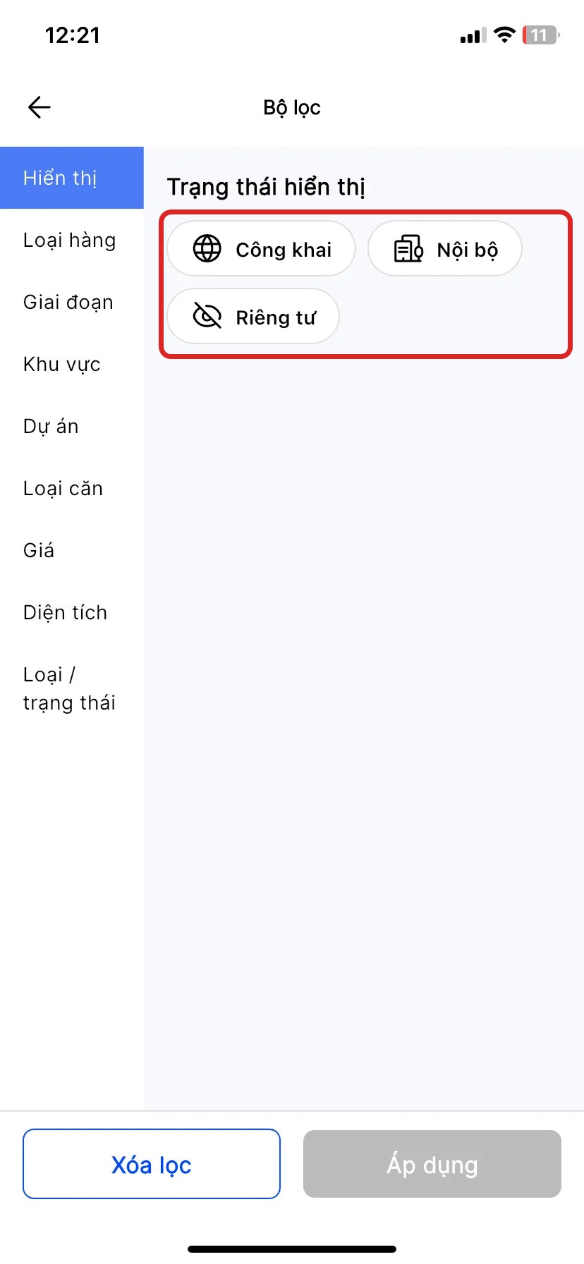 Bộ lọc, nhóm Hiển thị, highlight 3 tuỳ chọn Công khai/Nội bộ/Riêng tư