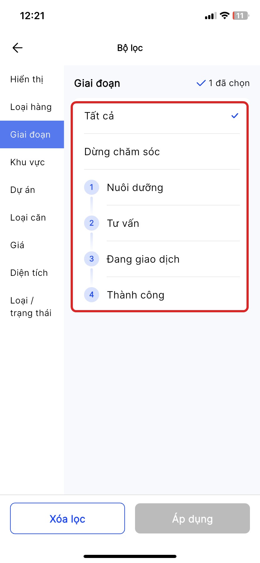 Bộ lọc, nhóm Giai đoạn, highlight danh sách Tất cả đến Thành công