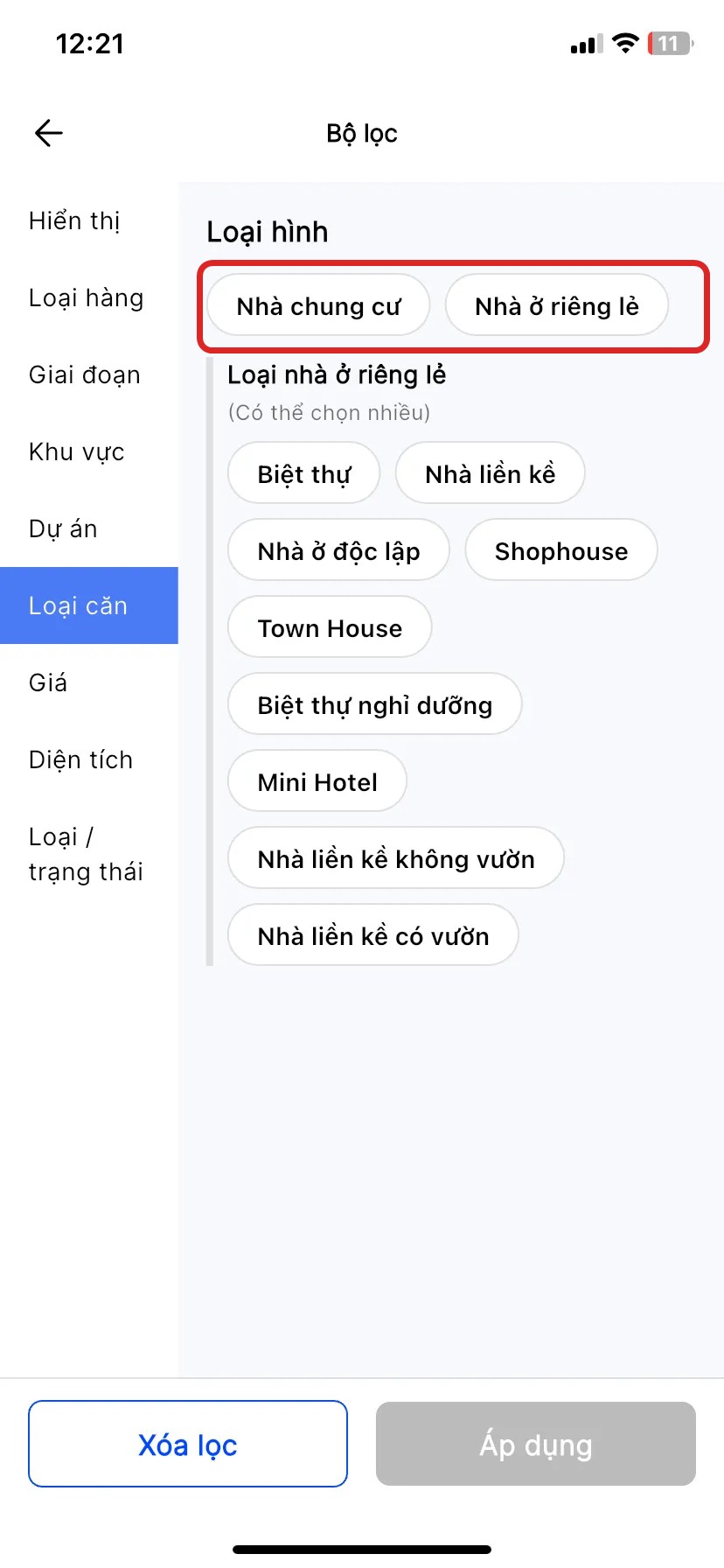Bộ lọc, nhóm Loại căn, highlight Nhà chung cư/Nhà ở riêng lẻ