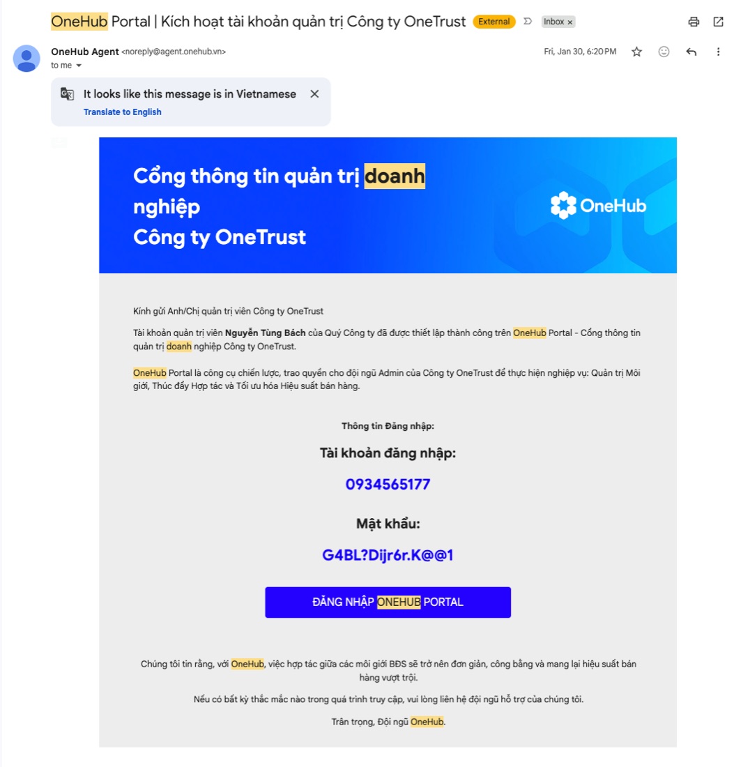 Email kích hoạt tài khoản quản trị doanh nghiệp gửi cho MA Admin