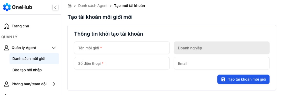 Biểu mẫu tạo tài khoản môi giới mới trên MA Portal