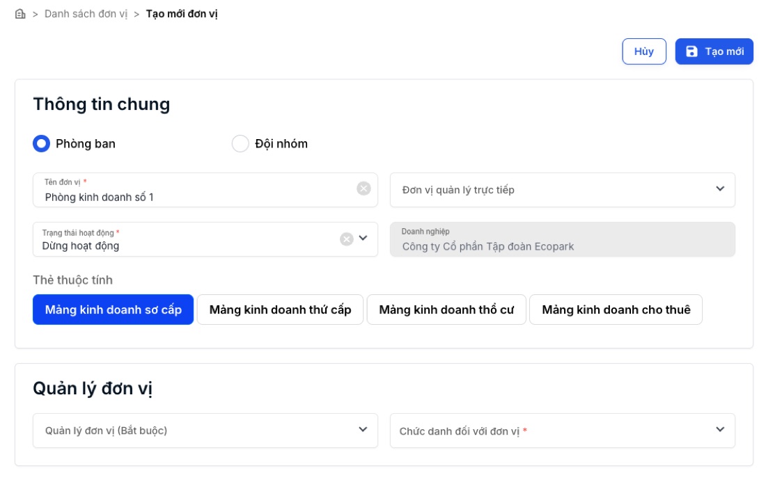 Biểu mẫu tạo mới đơn vị với lựa chọn phòng ban hoặc đội nhóm