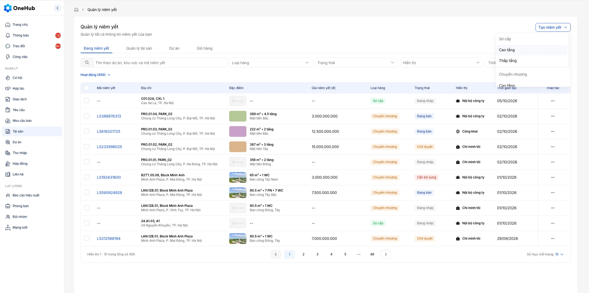 Web Agent, menu Tạo niêm yết với nhóm Sơ cấp