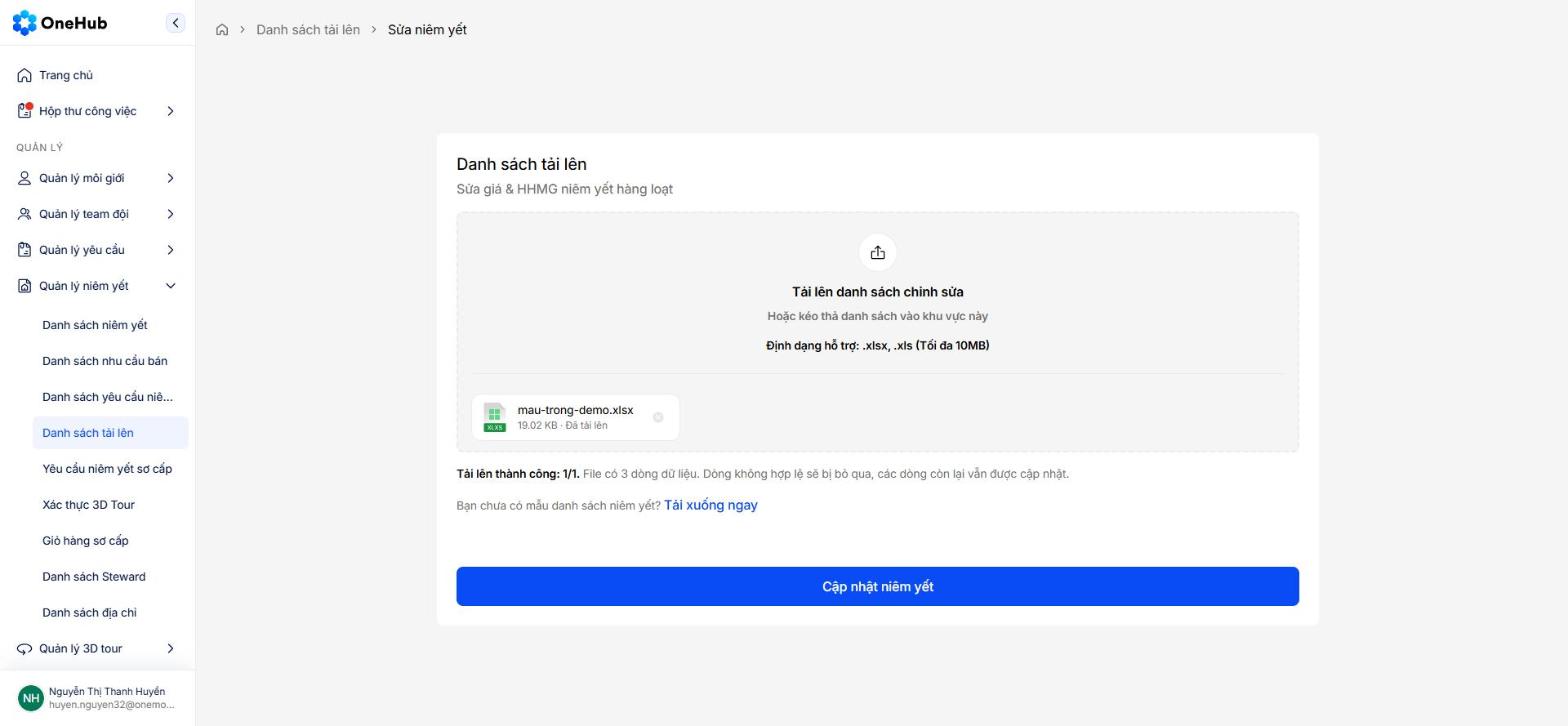 Đã tải file lên, nút Cập nhật niêm yết bật