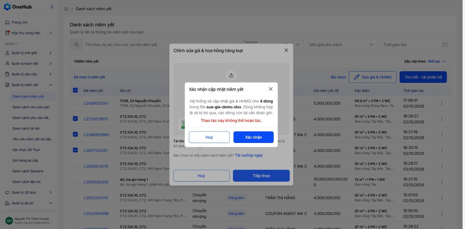 Popup Xác nhận cập nhật niêm yết